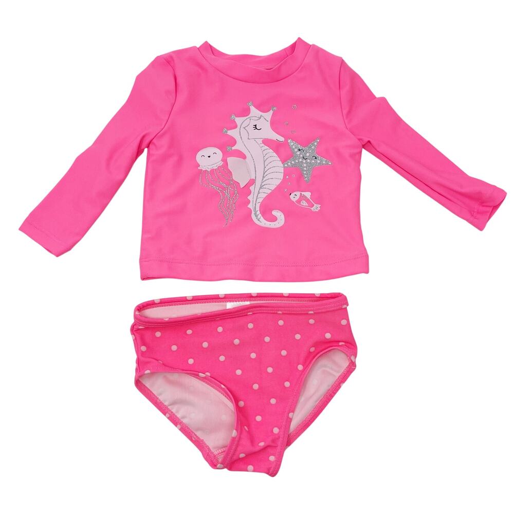 Carters Girls 6 Months Unicorn Long Sleeve Polka Dot Swimsuit Pink Two Piece